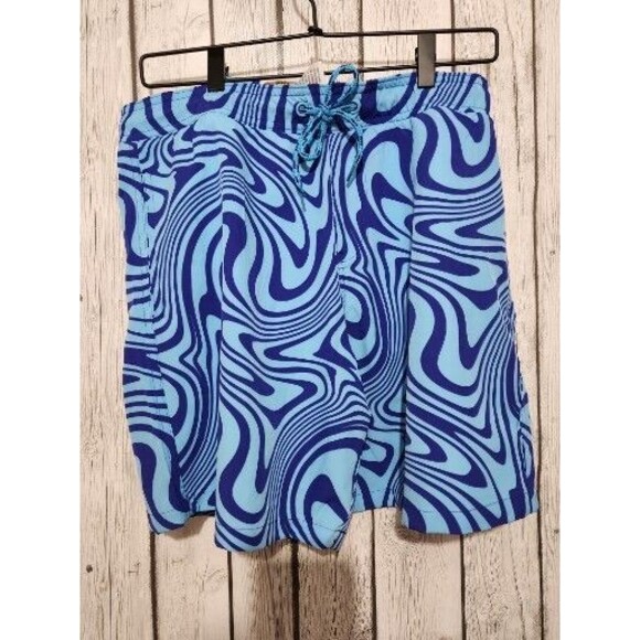 Mens Swim Trunks Medium Blue Swirl Lines Stretch Drawstring Pocket Elastic Waist - Picture 1 of 7